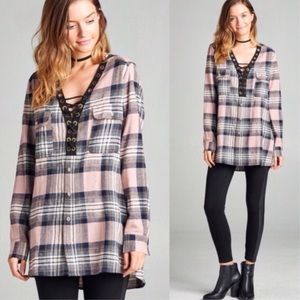 Tops - Pink Plaid Lace-Up Tunic Tops - Pink Plaid Lace-Up Tunic